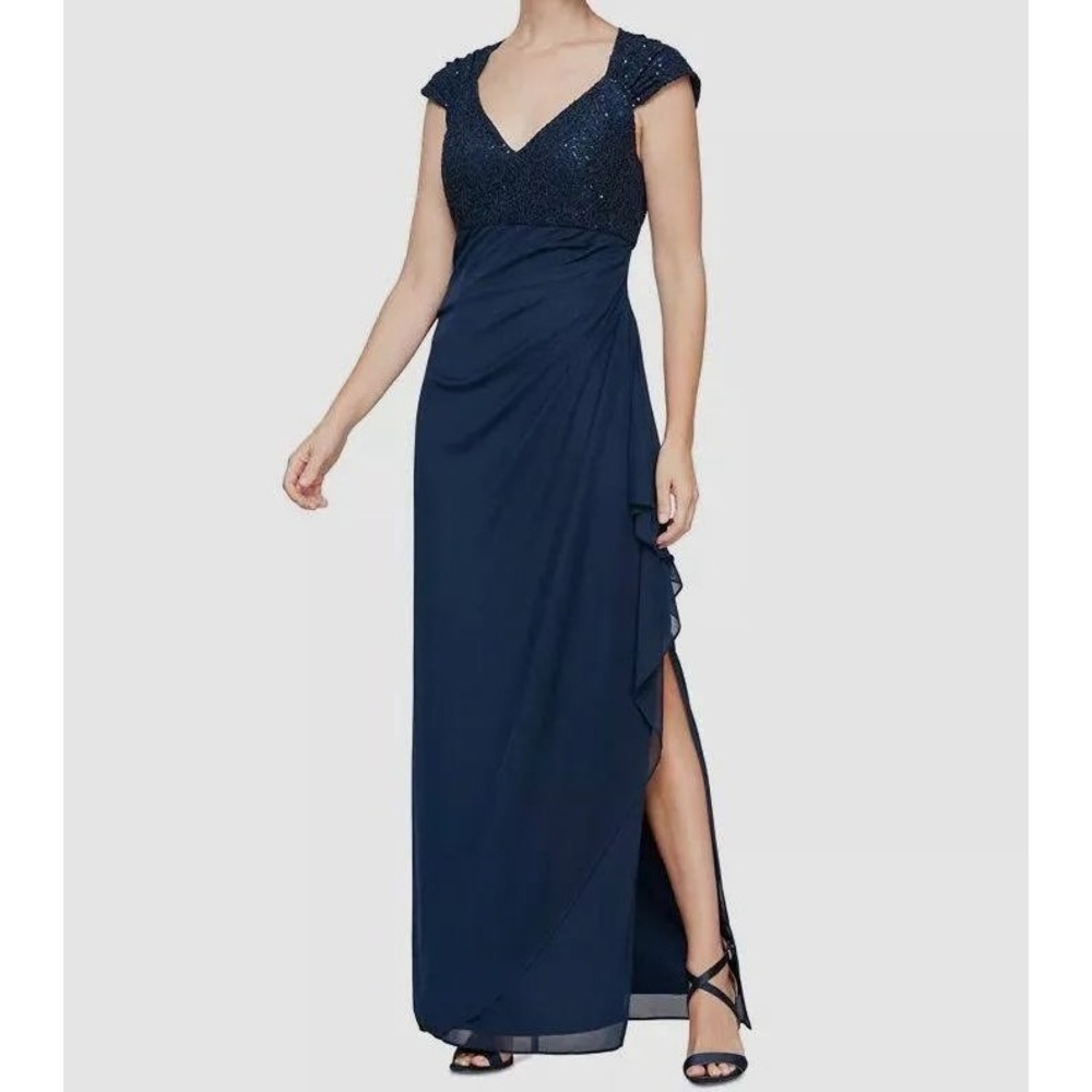 Alex Evenings Navy Blue Sequin Lace Draped Maxi Gown Dress Womens 16 NEW